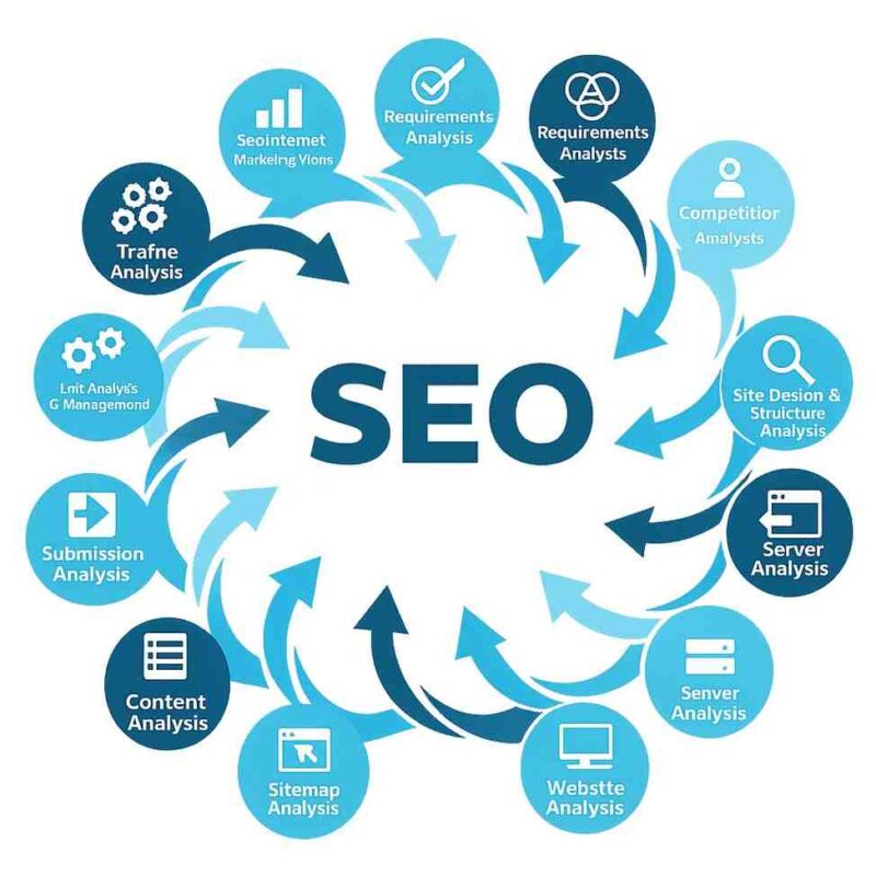 2D digital infographic showing key SEO components including keyword research, link building, website analysis, and content optimisation in a circular flow