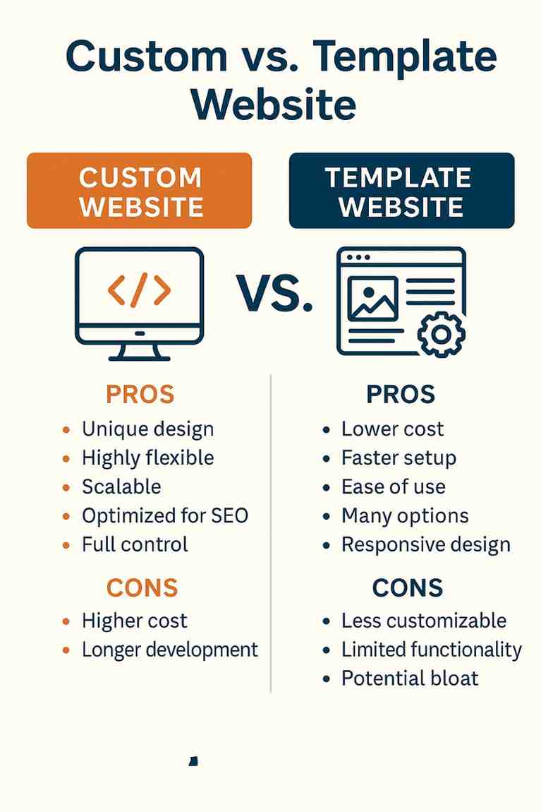 Chart comparing the benefits and drawbacks of custom versus template websites for business website design