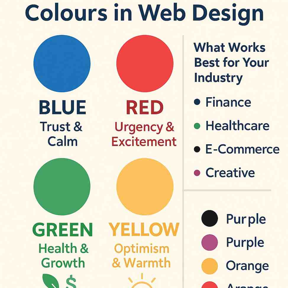 Psychology of colours in web design showing how colour choices affect user emotions and conversions by industry.